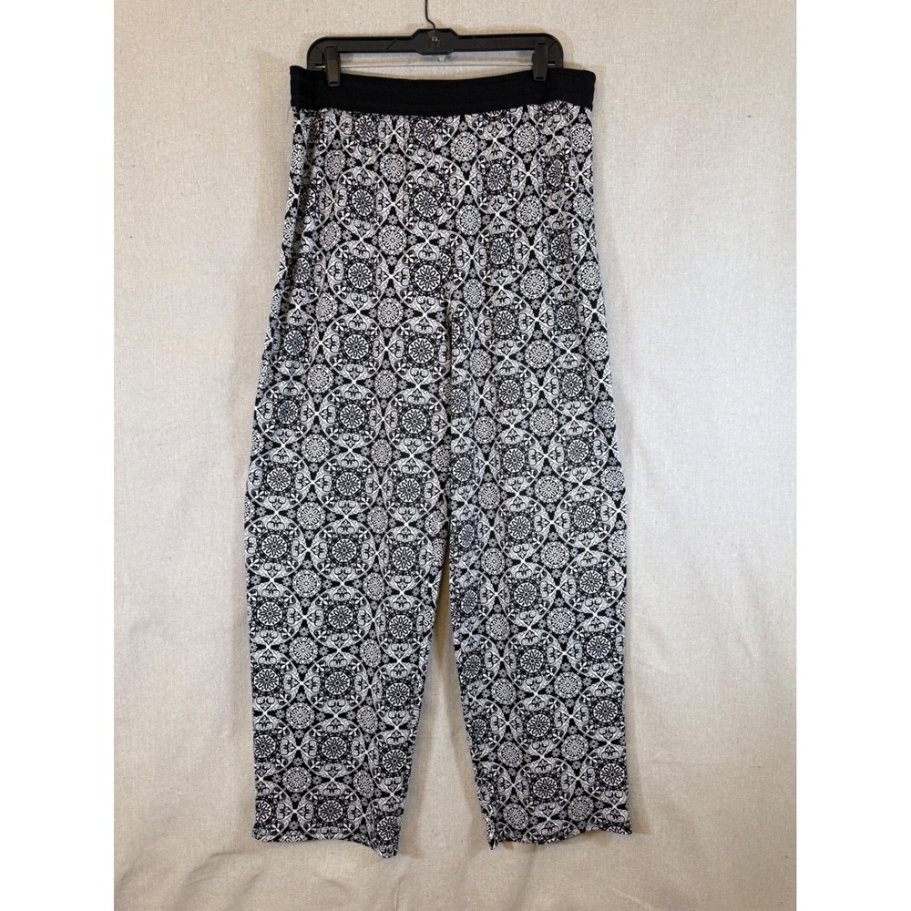 Double Click Womens Black White Medallion Print Wide Leg Elastic Waist Pants XL